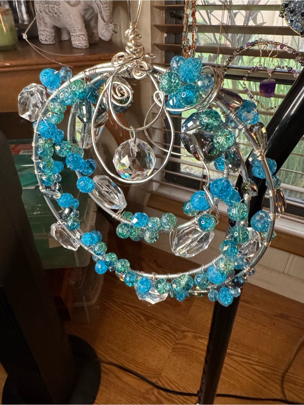 Handcrafted Turquoise Blue Crystal Hoop Sun Catcher with Wire Art Design